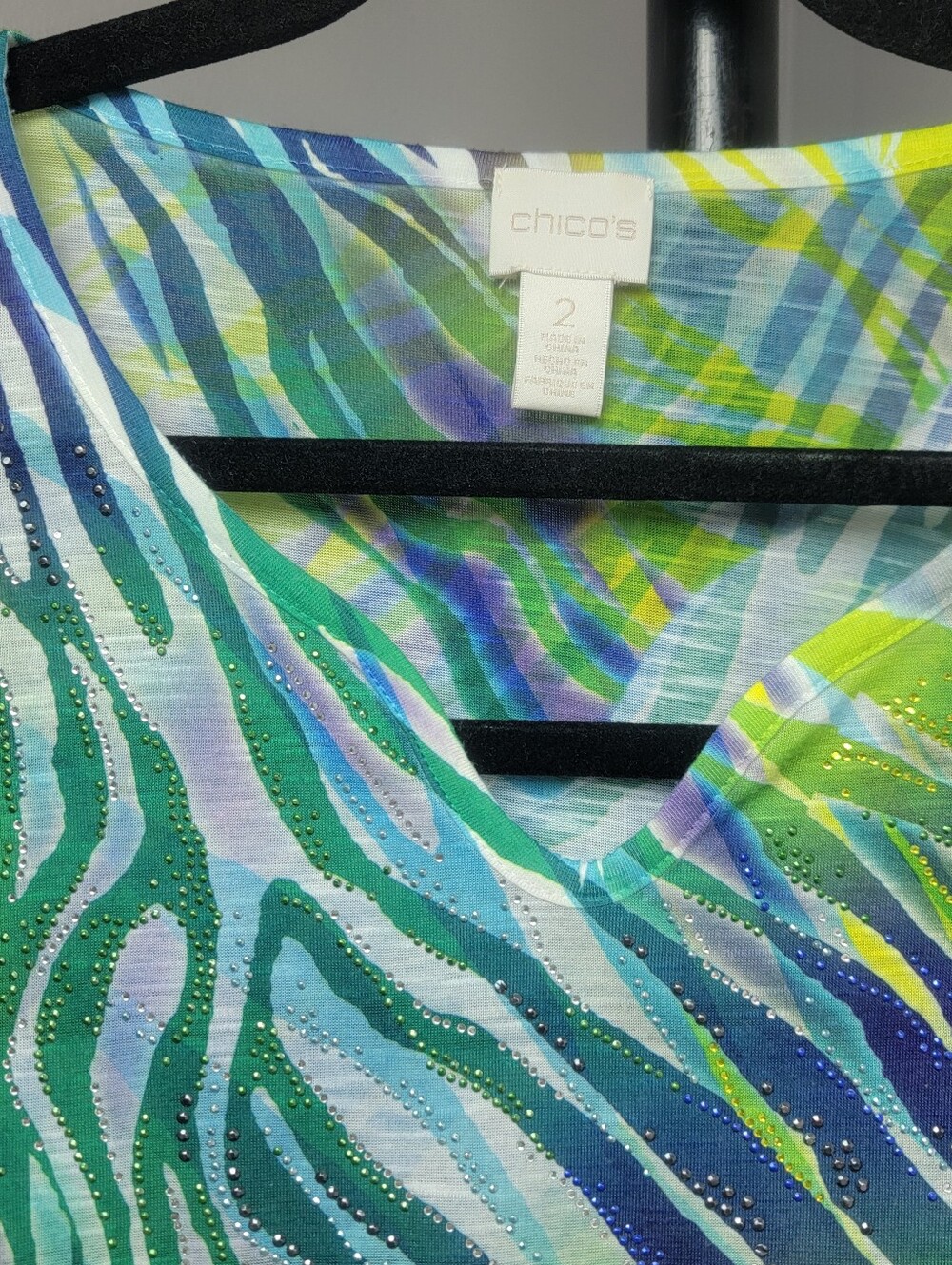 Chico's 2 Pieces Top Blouse Blue Orange Green Chiffon Sumer Abstract Multicolor - Picture 14 of 16